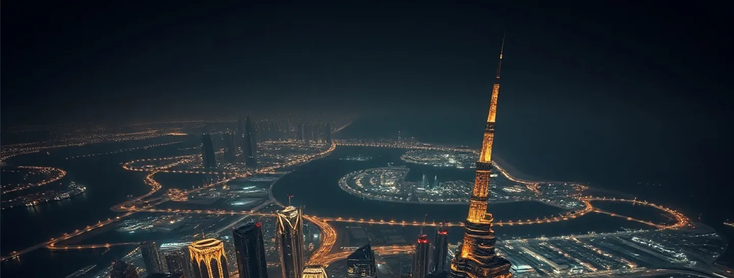 Dramatic aerial view of the Dubai business district at night with glowing city lights and a golden arc